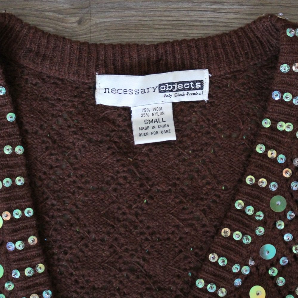 Vintage Y2K Necessary Objects Brown Sequin Knit Cropped Bolero Sweater - Picture 3 of 5